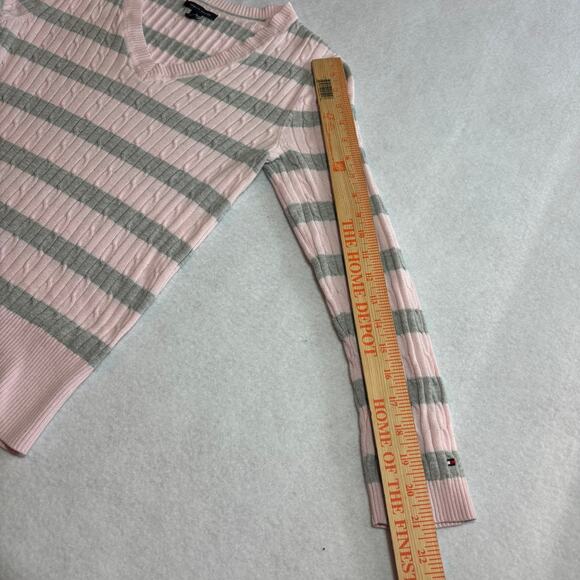 Vintage Y2K Tommy Hilfiger Cable Knit V-Neck Sweater Pink Gray Women's M - Picture 3 of 6